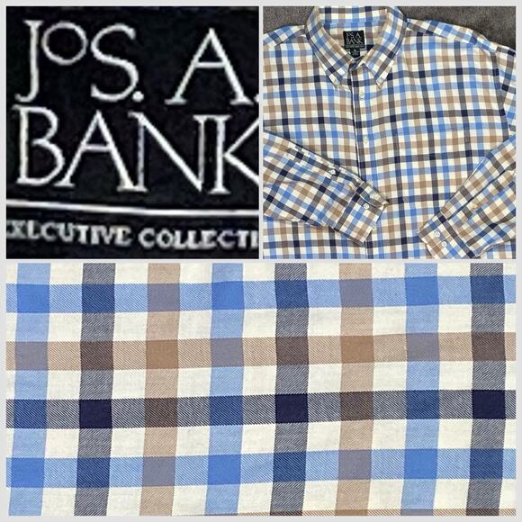 Jos A Bank Men's XL Executive Collection Long Sleeve Blue Tan White Large Check - Picture 1 of 11